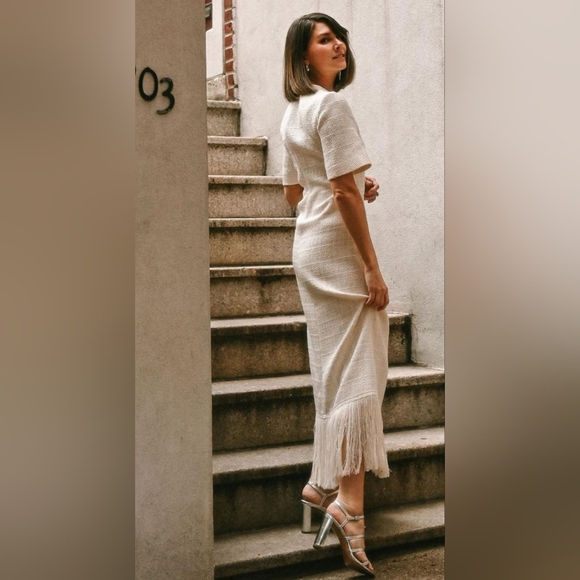 ZARA Ivory Tweed Textured Fringe‎ Trim Maxi Dress Size Small - Picture 3 of 16